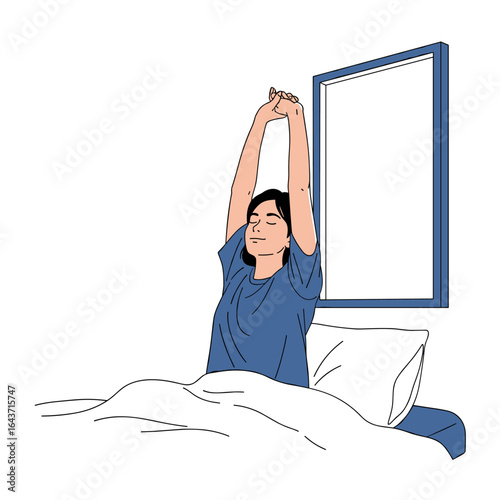 Person waking up stretching arms feeling refreshed and energized after a good night sleep