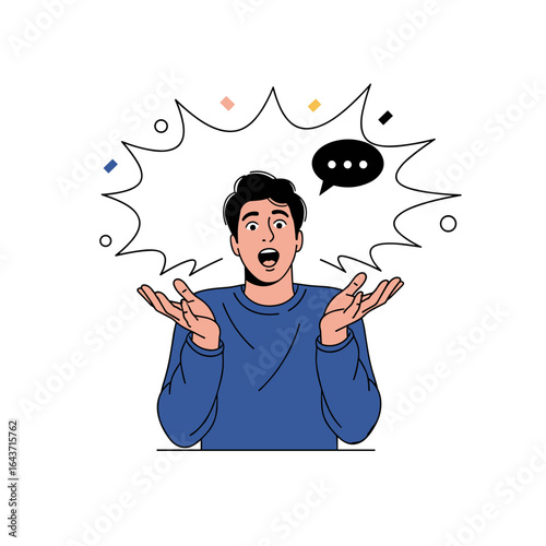 Expressing confusion and surprise with hands raised in exaggerated gesture