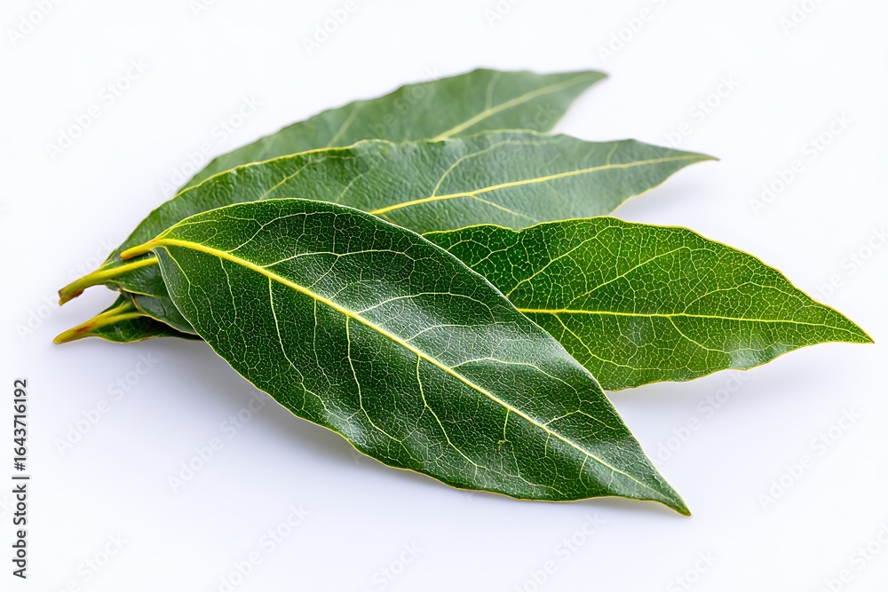 Obraz premium Fresh Green Bay Leaves on White Background for Natural Cooking, Herbal Remedies, Organic Seasoning, and Culinary Inspiration