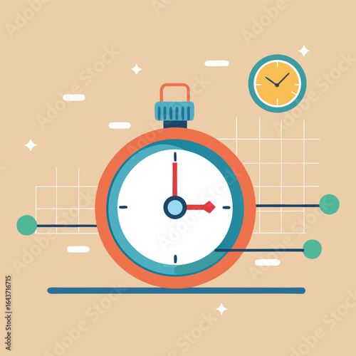 Stopwatch and clock symbolizing time measurement, speed, and punctuality in a flat design style