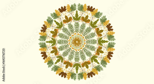 Intricate autumn leaf mandala illustration with a symmetrical foliage pattern. Decorative circular nature design with warm fall colors on an isolated background