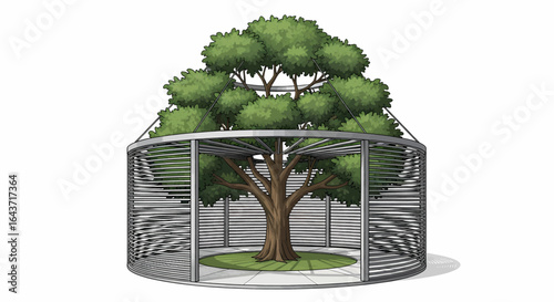 A solitary lush green tree enclosed within a modern circular metal mesh structure on a light grey surface