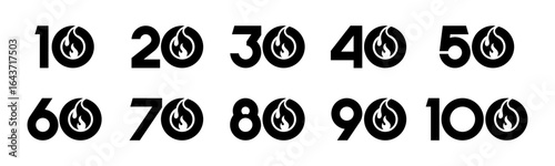 Set of collection numbers 10 to 100 with fire vector illustration. Flames with numbers 10, 20, 30, 40, 50, 60, 70, 80, 90, 100 for greetings, anniversary and more.