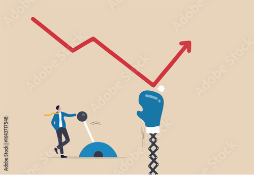 Game changer strategy to improve or rising up, stock market rebound or solution for economic recover from recession concept, businessman push switch to change direction from falling down to rising up.