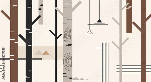 Contemporary vector illustration of a minimalist birch tree forest with abstract geometric patterns and modern Scandinavian design elements.