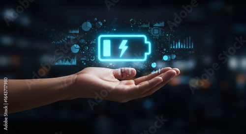 Wallpaper Mural Hand holding glowing battery icon with data charts in dark futuristic BG. Torontodigital.ca