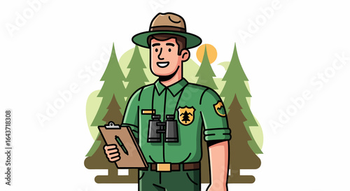 Cartoon park ranger character in uniform with binoculars and clipboard. Vector illustration of a forest warden for environmental and conservation themes.