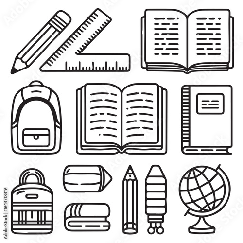 Line art illustration of school supplies and educational materials icon set