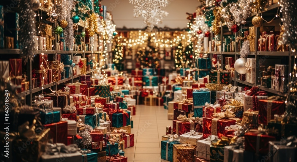 Fototapeta premium Seasonal stockroom filled with assorted wrapped gifts and sparkling Christmas decorations.