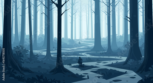 A lone traveler embarks on a journey through a vast and mystical blue forest shrouded in mist and fog