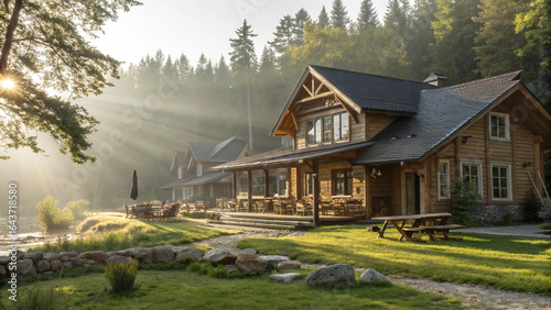 Charming log cabin nestled in a serene mountain landscape, bathed in the warm glow of sunlight filtering through the trees, creating a peaceful and inviting scene