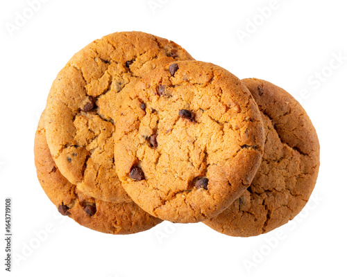 Shortbread cookies with chocolate chips isolated on white background. Top view.