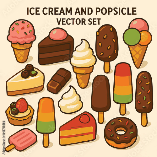 Delicious Ice Cream Popsicle and Cake Vector Set for Summer Treats and Sweet Dessert Designs Collection