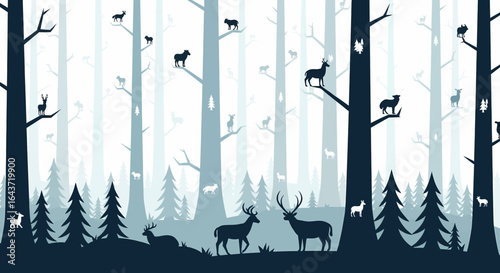 Magical surreal forest scene with deer and wildlife silhouettes perched in the tall trees. A whimsical blue woodland vector illustration.