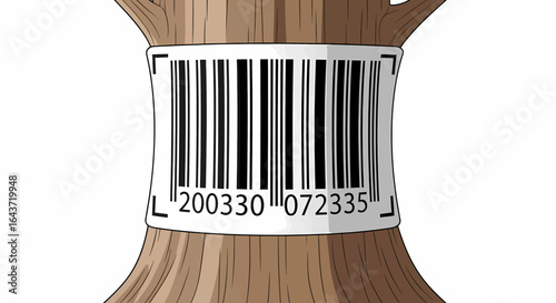 Wooden spool of brown thread featuring a scannable barcode for product tracking and sales in the textile industry