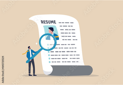Candidate resume review by HR human resources hiring manager, employment or searching for talent and new staff concept, smart businessman hiring manager using magnifying glass tor review resume.