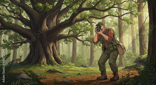 Wildlife photographer capturing a fleeting moment of a deer by an ancient oak tree in a sunlit forest.