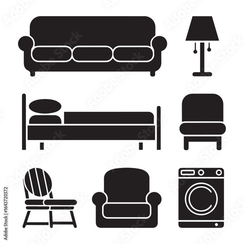 Assorted furniture and appliance illustrations in black and white style icon set