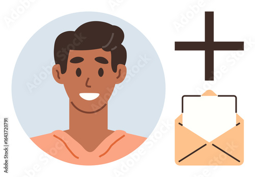 Smiling person wearing an orange hoodie alongside a plus sign and an open envelope icon. Ideal for contact creation, email subscription, user interaction, communication, social connection