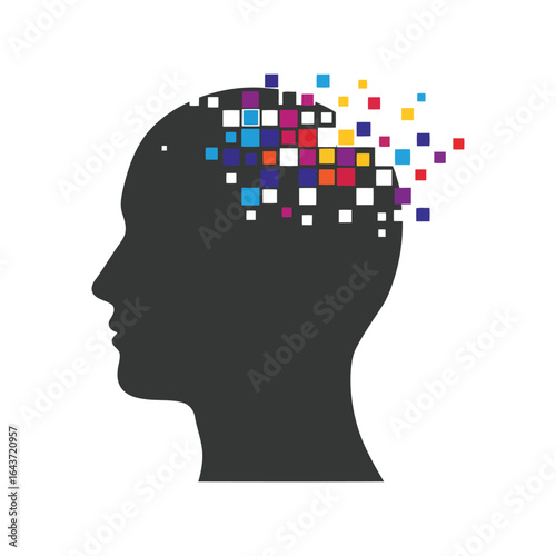 Human head profile silhouette with pixel squares breaking apart, mental health, memory loss, digital mind