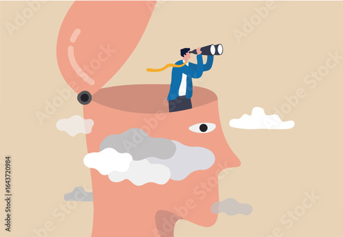 Clear business vision to see future opportunity, challenge to overcome difficulty to see real visionary concept, smart businessman with binoculars open his head above cloud storm for clear vision.