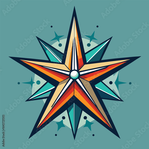 A stylized star compass rose with vibrant colors, representing direction, guidance, and exploration