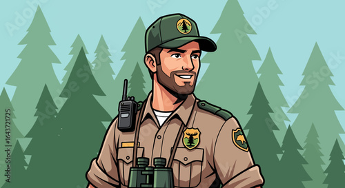 Park Ranger with Binoculars in a Forest Landscape