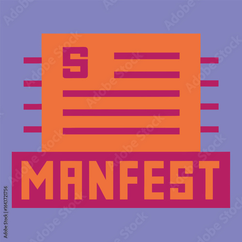 An orange document labeled manifest with horizontal lines and radiating lines, symbolizing a declaration, plan, or official statement