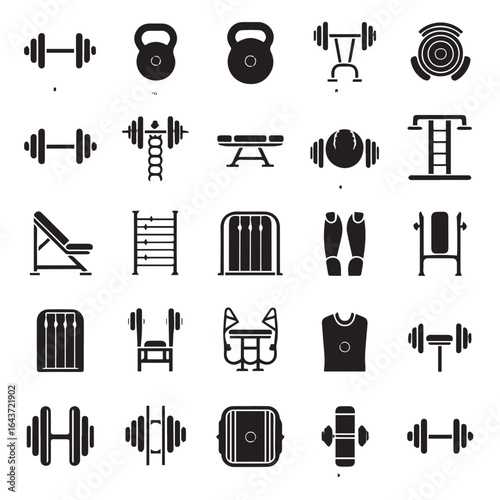 Collection of various workout equipment in a monochrome illustration icon set