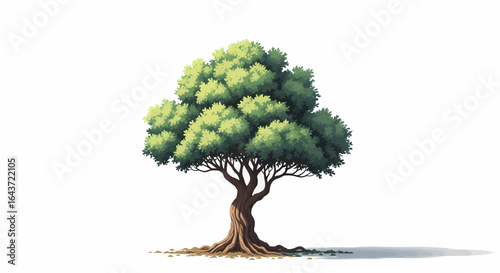 A majestic, mature oak tree stands tall against a pure white background, its leafy canopy casting a subtle shadow on the ground below.