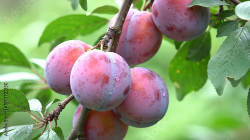 Plums on a branch with water droplets in a natural setting.