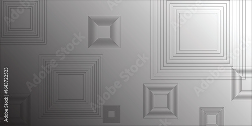 Monochrome abstract background with layered square line patterns over a gradient grey tone. Ideal for modern, tech, or minimalist designs. Abstract, Squares, Monochrome, Gradient, Minimal.
