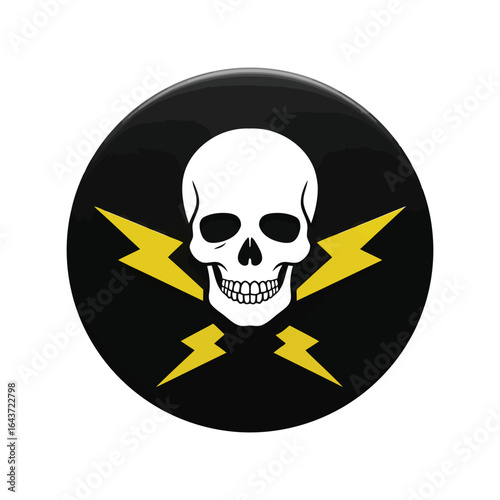 White skull and crossed yellow lightning bolts on black circle, symbol of danger, electricity warning sign