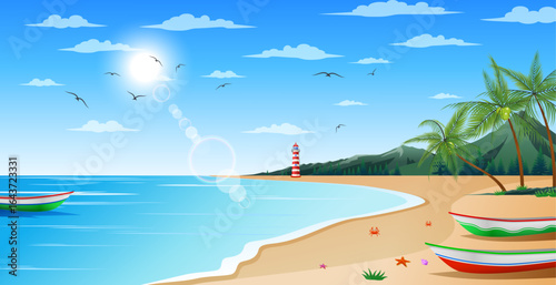 Tropical beach with lighthouses and palm trees, vector illustration