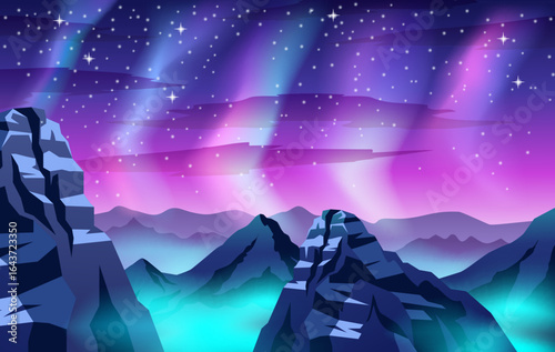 Mountain landscape with aurora borealis and stars. Vector illustration.
