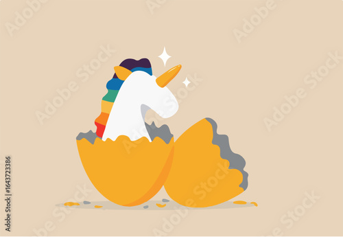Unicorn startup company, venture capital to fund small company to success in world business competition, begin or start new company concept, precious unicorn with rainbow just hatch from golden egg.