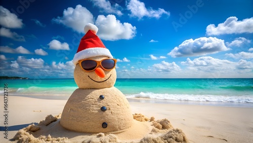 A cheerful snowman wearing a santa hat and sunglasses stands on a sunny tropical beach, enjoying a summer christmas vacation by the turquoise ocean