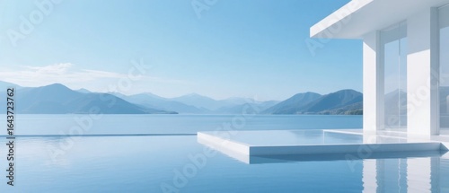 Modern Architecture with Infinity Pool Overlooking Calm Waters and Distant Mountains