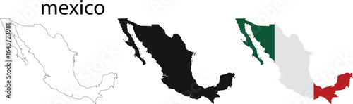 Vector map of Mexico in outline, solid, and national flag colors. Detailed geographic shape for political, travel, and educational projects. Perfect for infographics, posters, and presentations.