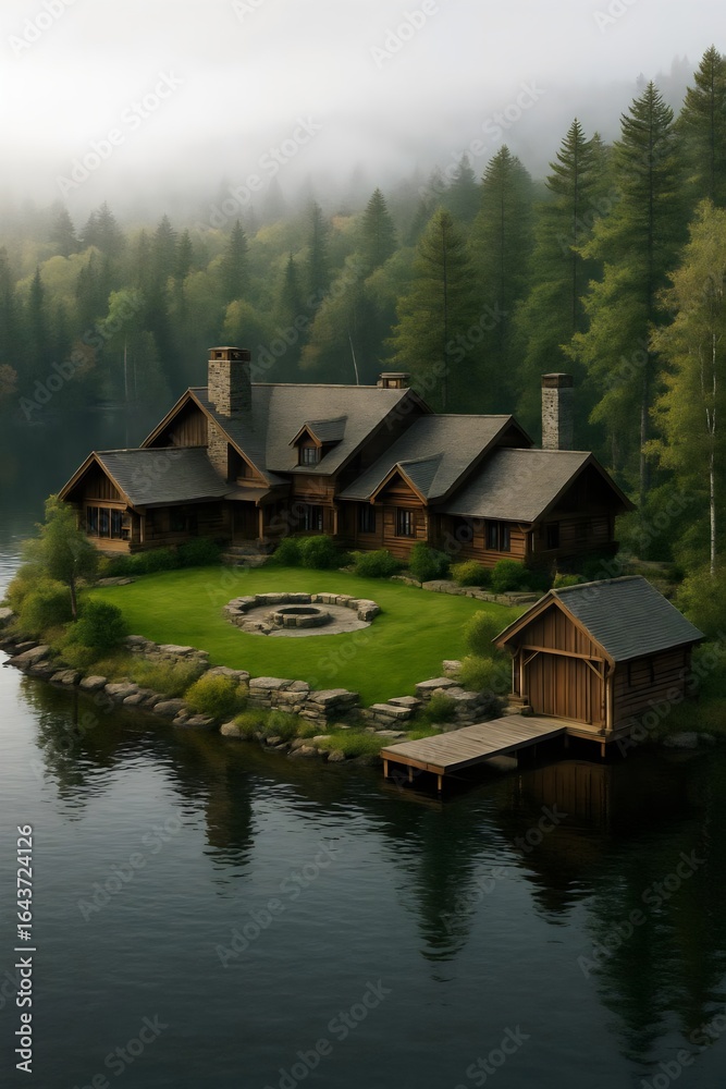 Fototapeta premium Rustic Lakeside Log Cabin with Dock and Forest View