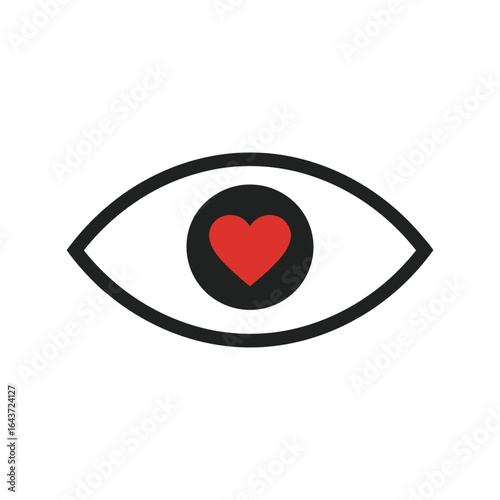 Human Eye with Red Heart Pupil Icon, Love and Vision Concept, Medical Graphic