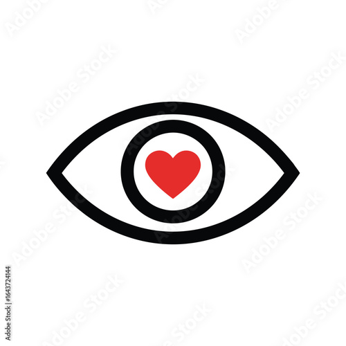Human Eye with Red Heart Pupil Icon, Love and Vision Concept, Medical Graphic