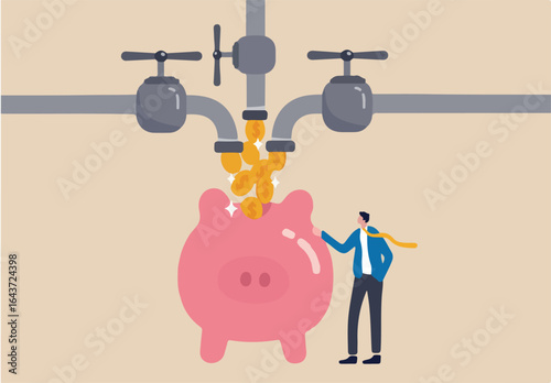 Multiple streams of income, passive income or revenue from invest in multi assets, side hustles to make money concept, rich businessman standing with multi cash flow from pipe into wealthy piggy bank.