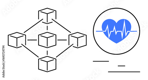 Blockchain structure connected to heart graphic with pulse line. Ideal for healthcare, technology, medical security, data sharing, innovation, futuristic themes, simple landing page