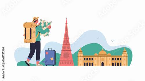 Flat Vector Illustration of Travel and Adventure Scene on White Background