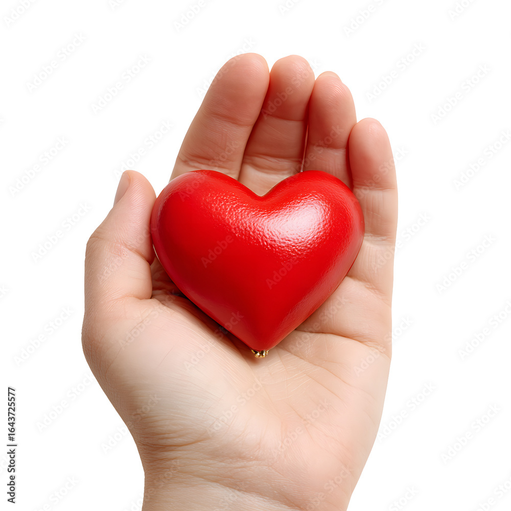 Fototapeta premium A bright red heart held gently in an open palm symbolizing love and care isolated on transparent background