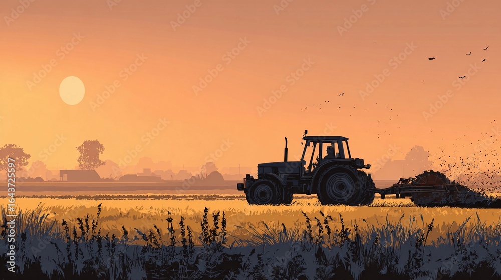 Fototapeta premium Tractor working on a rural field at sunset with warm orange hues and a tranquil landscape in the background