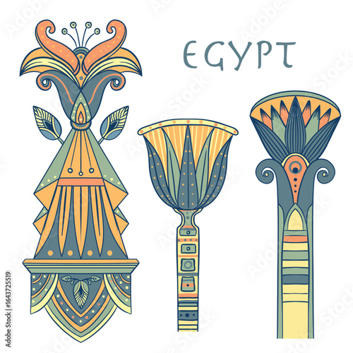 Egyptian floral colorful design element set isolated on white. Lotus flower, vector sign, symbol, logo illustration. Spirituality, occultism, chemistry, flower tattoo.