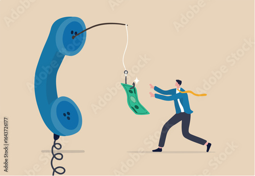 Phone scam, telephone call lying about fake investment, fraud to steal money from victim, financial crime concept, greedy man chasing easy money bait from thief phone call lying for paying scams