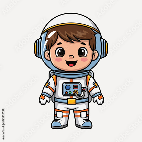 Cute cartoon astronaut boy in a spacesuit standing and smiling against a white background.